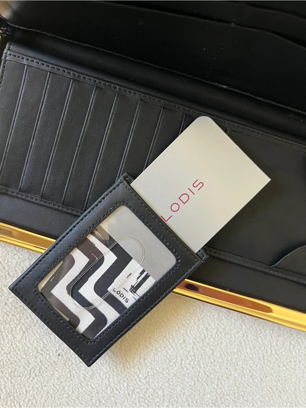 LODIS Black Gold Valley Boulevard Large Ballet Wallet Clutch Stripe Leather Fold